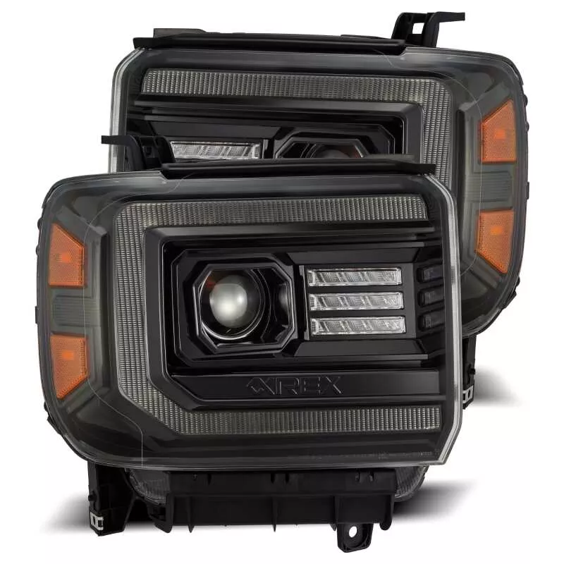 AlphaRex 14-18 GMC Sierra LUXX LED Proj Headlights Plnk Style Alpha Blk w/Activ Light/Seq Signal/DRL - A&D Discount Performance