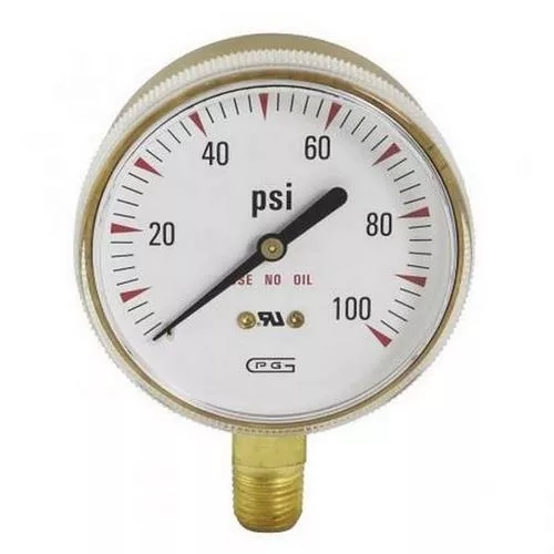 Gentec G25B-F100 2.5" Single Scale Gauge, Brass Case, 100PSI