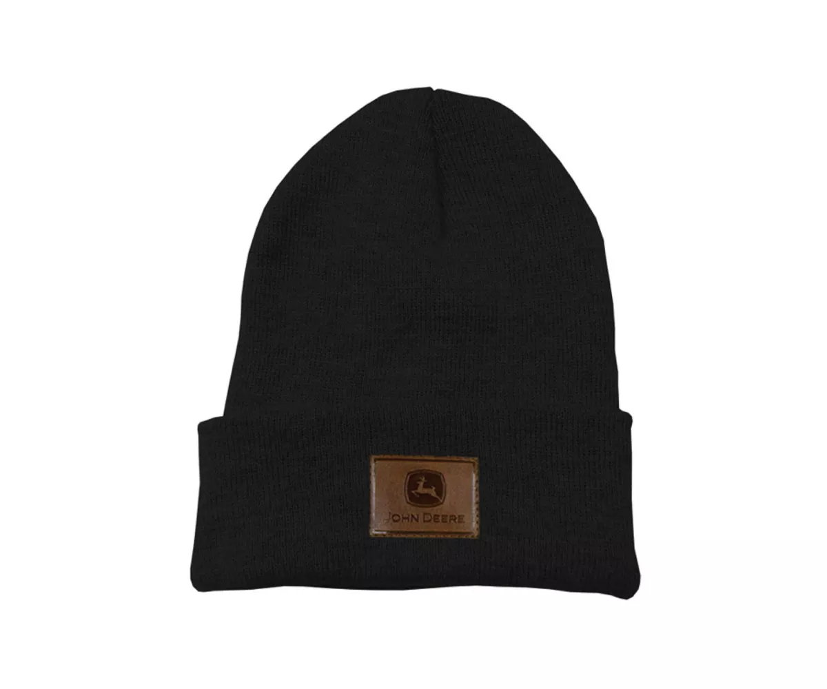 John Deere Black Knit Beanie With Leather Patch