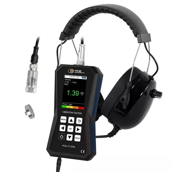 PCE Instruments PCE-VT 3750 Vibration Analyzer for Mobile Vibration Measurement with Sensor with Spiral Cable Incl. Headset