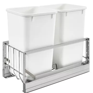 Rev-a-shelf Double 50 Qt. Pull-Out Brushed Aluminum and White Waste Container 5349-2150DM-2