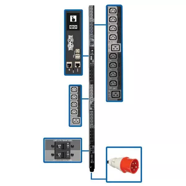 Tripp-Lite PDU3XEVSR6G32B 23kW 220-240V 3PH Switched PDU LX Interface Gigabit 30 Outlets IEC 309 32A Red 380-415V Input LCD 1.8 m Cord 0U 1.8 m